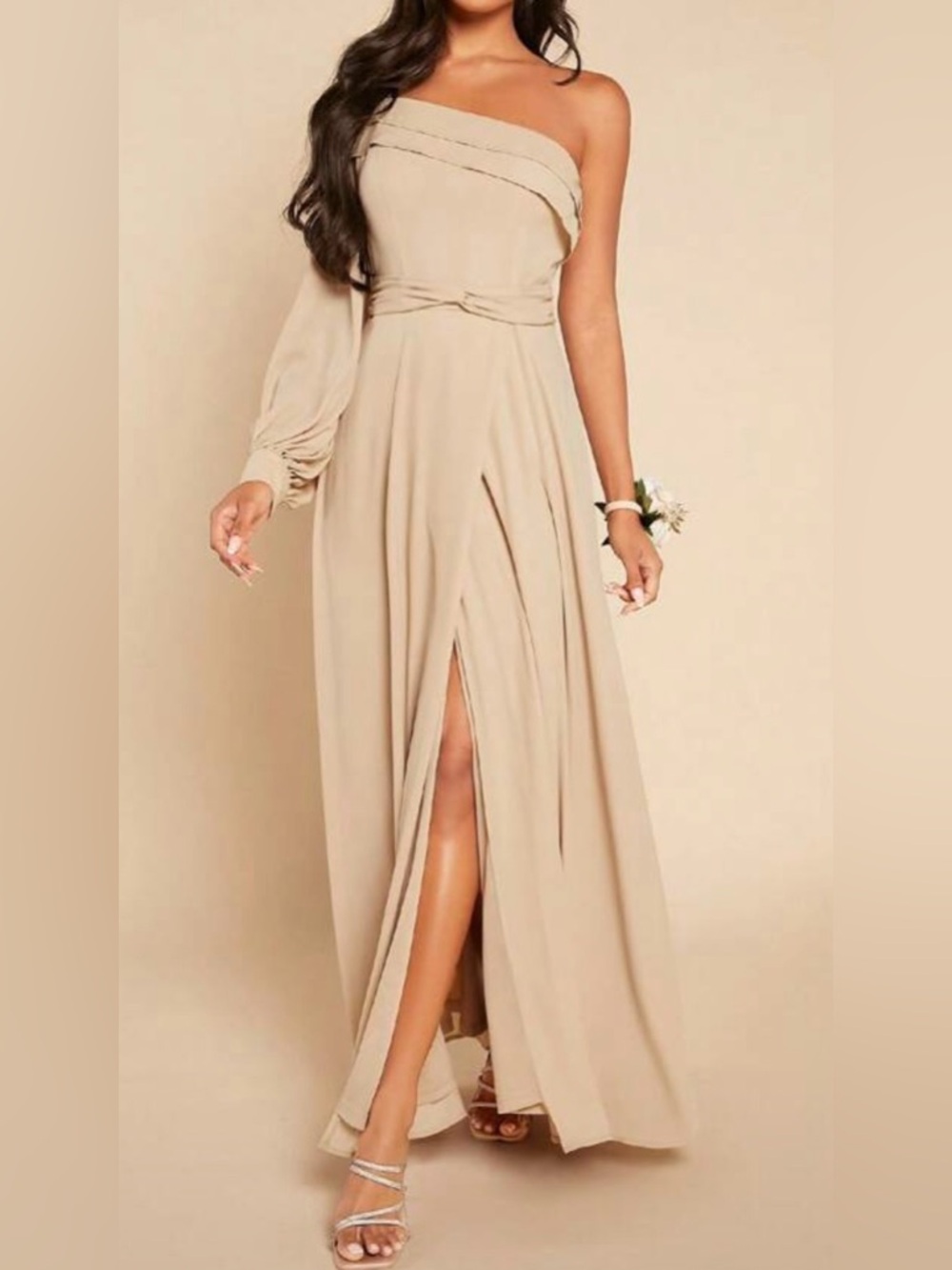 One-Shoulder Long Sleeve Maxi Dress in Beige